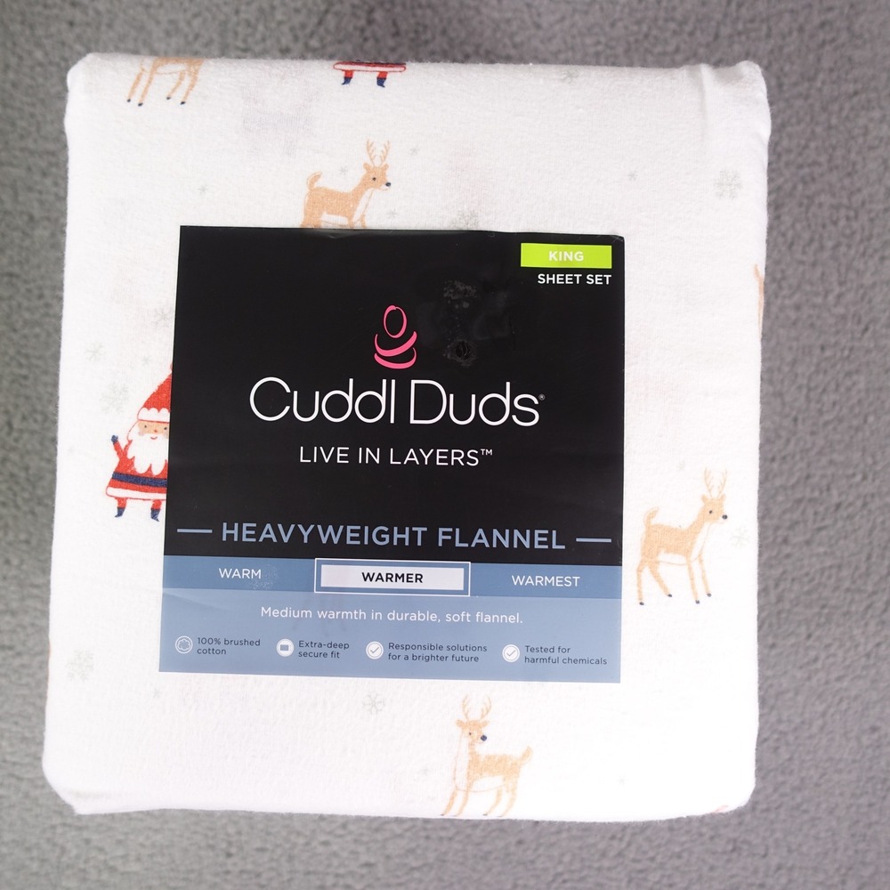 Cuddl Duds King Sheet Set Heavyweight Flannel Santa and Reindeer White Cotton
